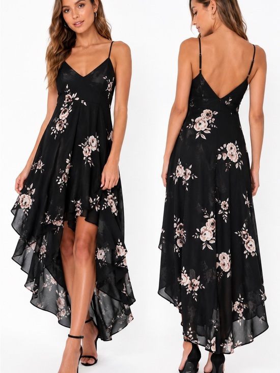 Lulus Dresses & Skirts - Lulu's Black Asymmetrical Slip Dress Blush Floral Print Size S NWT